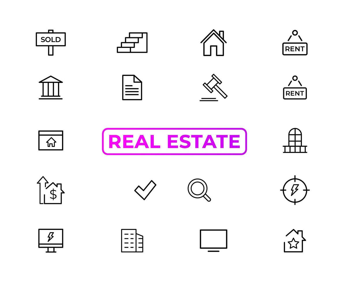 Real Estate minimal thin line web icon set. Included the icons as realty, property, mortgage, home loan and more. Outline icons collection. Simple vector illustration