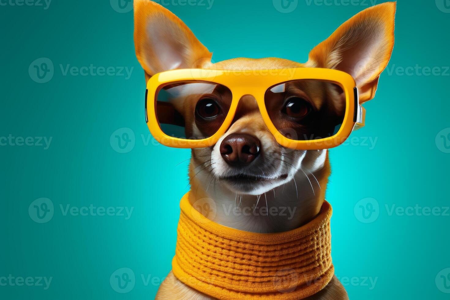 AI generated Funny chihuahua dog wearing stylish yellow glasses on light blue background with space for text photo