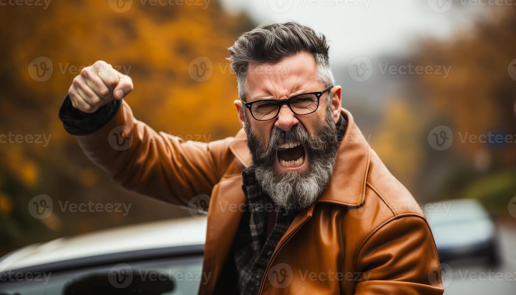 AI generated Angry man shouting while driving in traffic, car on blurred white background - copy space for text photo
