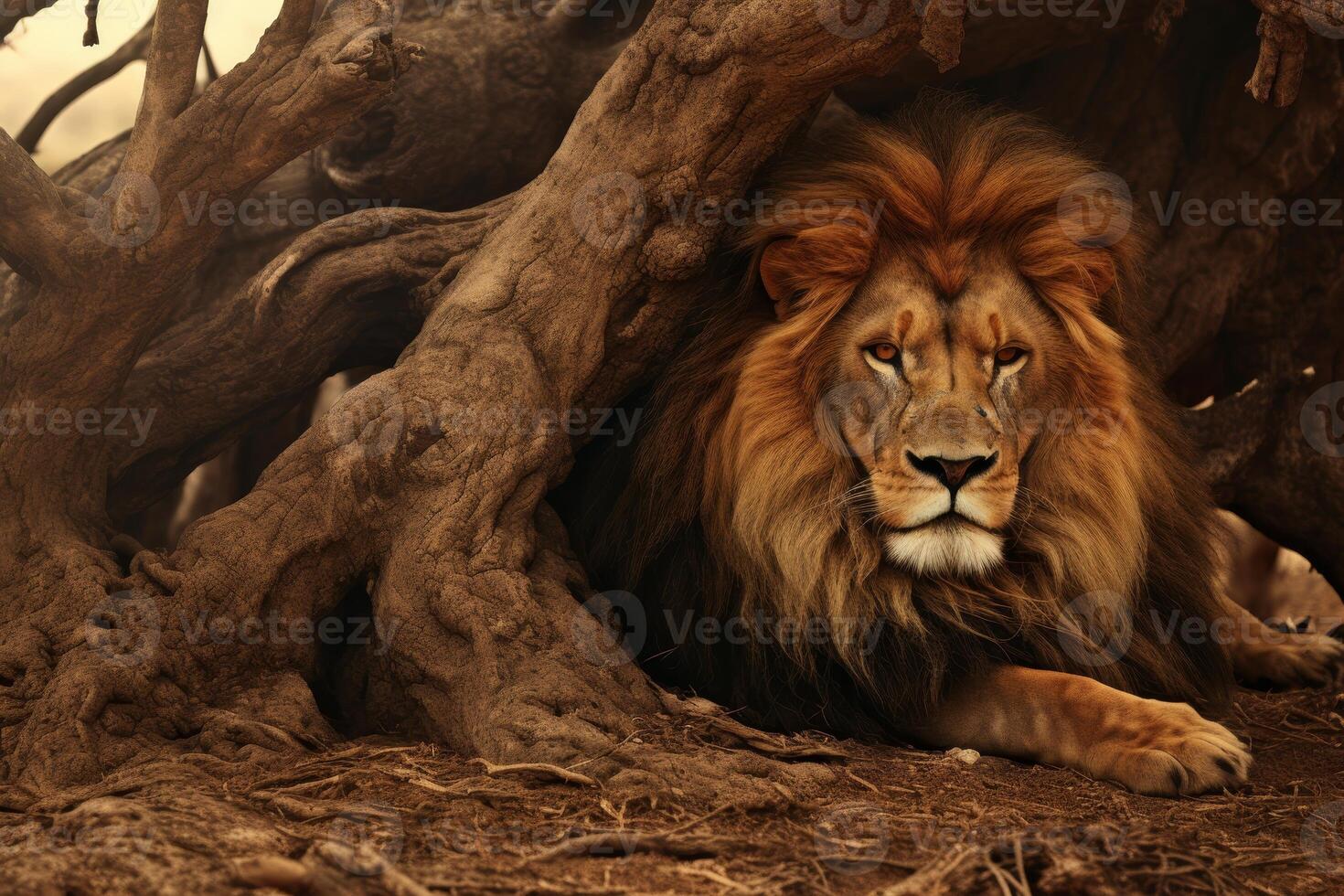 AI generated Magnificent lion relaxing in the shade of acacia tree on safari in african savanna photo