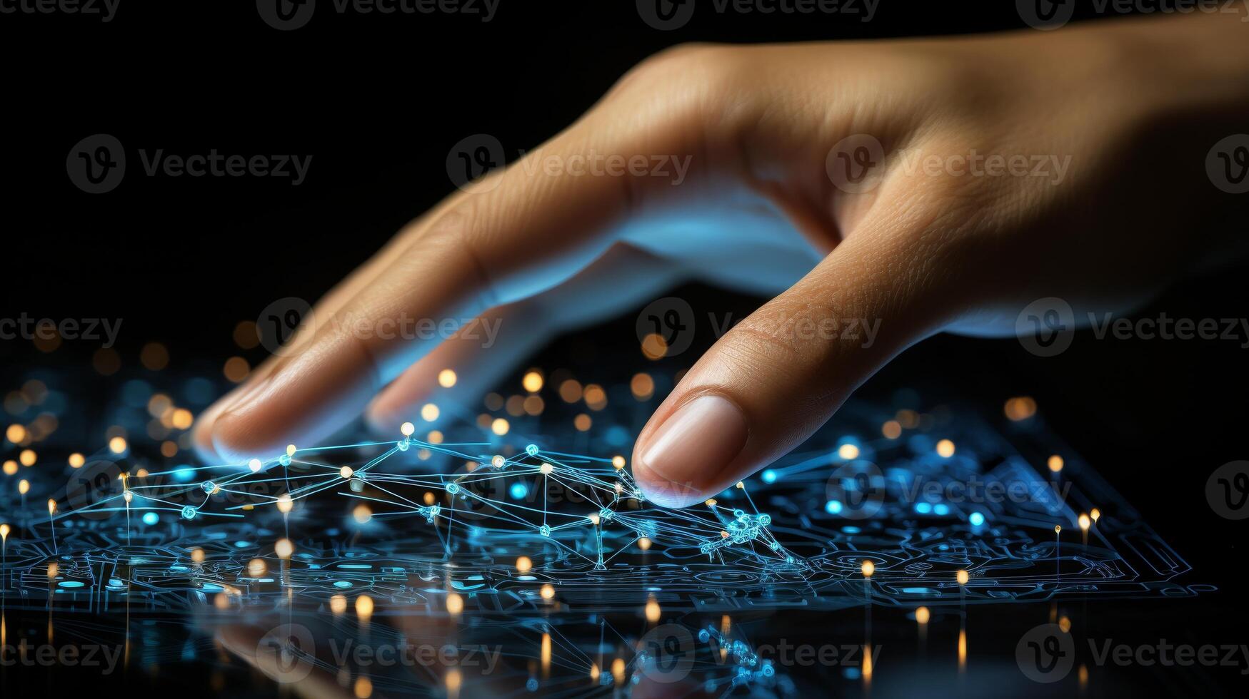 AI generated Ai and machine learning concept with human hands on big data network background photo