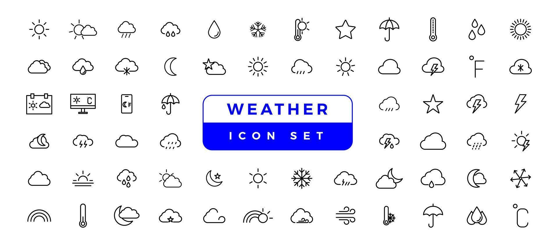 Weather icons. Weather forecast icon set. Clouds logo. Weather , clouds, sunny day, moon, snowflakes, wind, sun day. vector