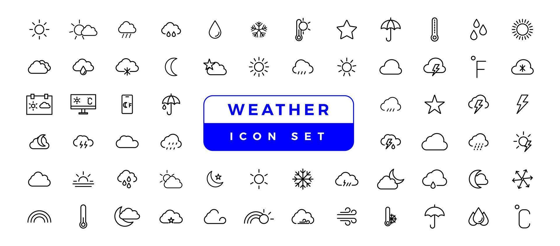 clima iconos clima pronóstico icono colocar. nubes logo. clima , nubes, soleado día, luna, copos de nieve, viento, Dom día. vector