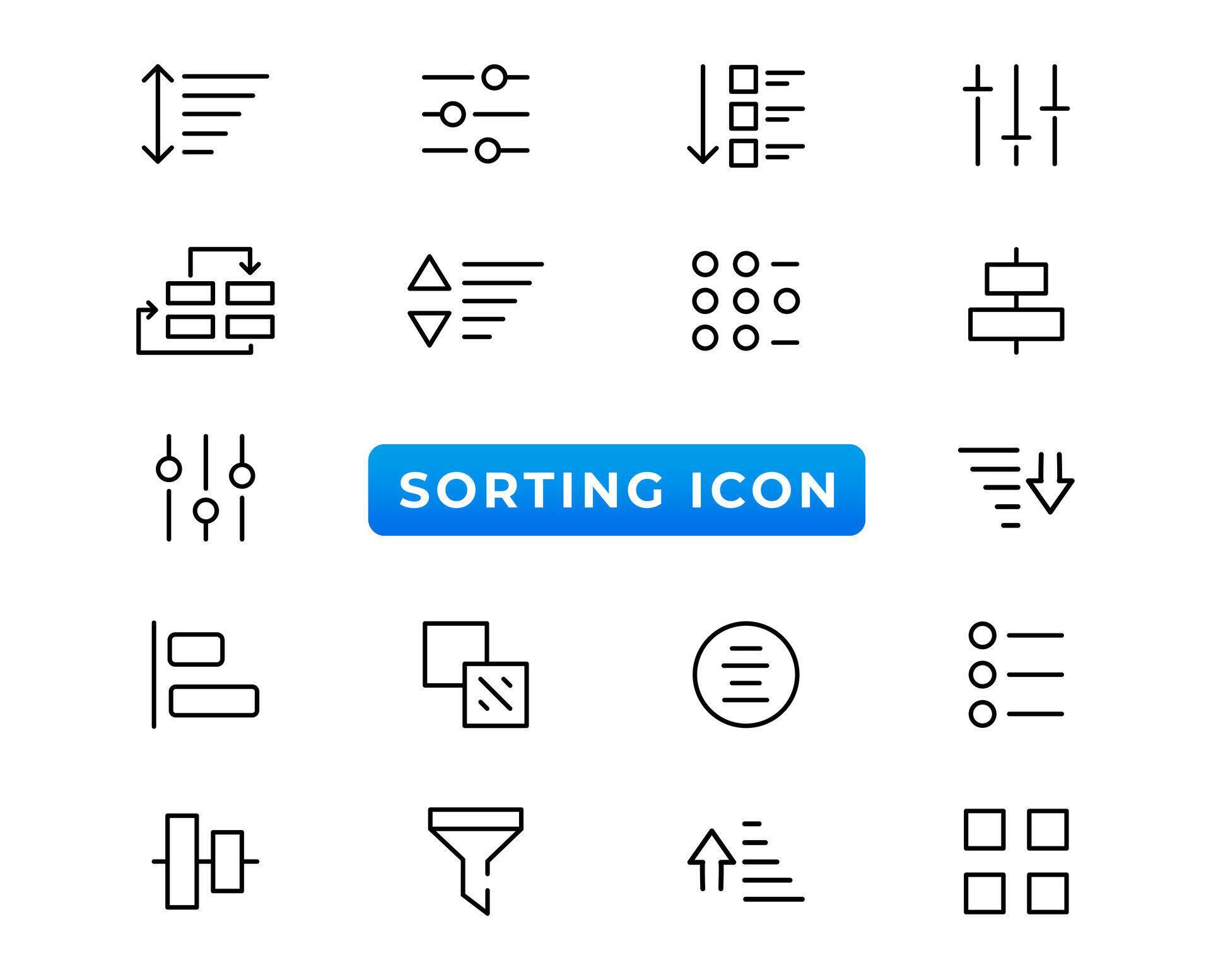 Set of sorting and filtering related linear icons on white background ...