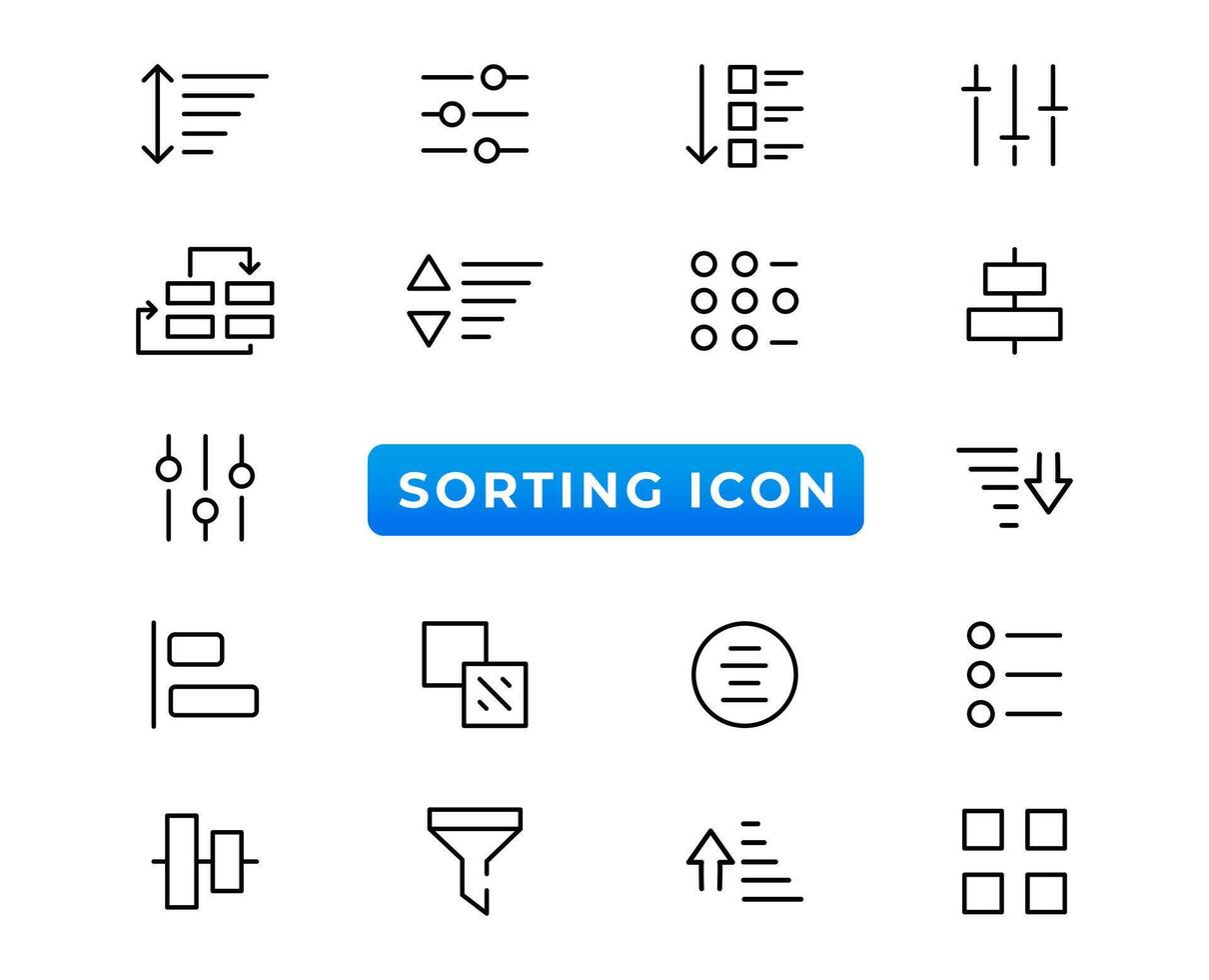 Set of sorting and filtering related linear icons on white background. Templates of data processing, structure order, digital management and other icons for business. Flat cartoon vector illustration
