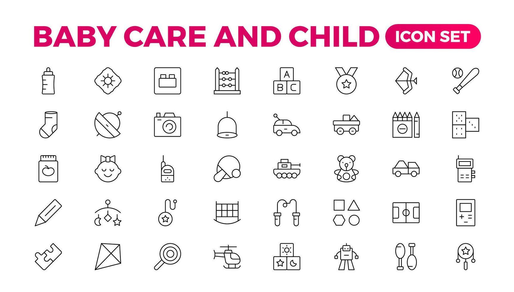 Baby care and Child icon set. care, International Children's Day, kid and parenthood. Outline icon collection. Included icons as newborn, infant, kid, children, and parent. Outline icon collection. vector