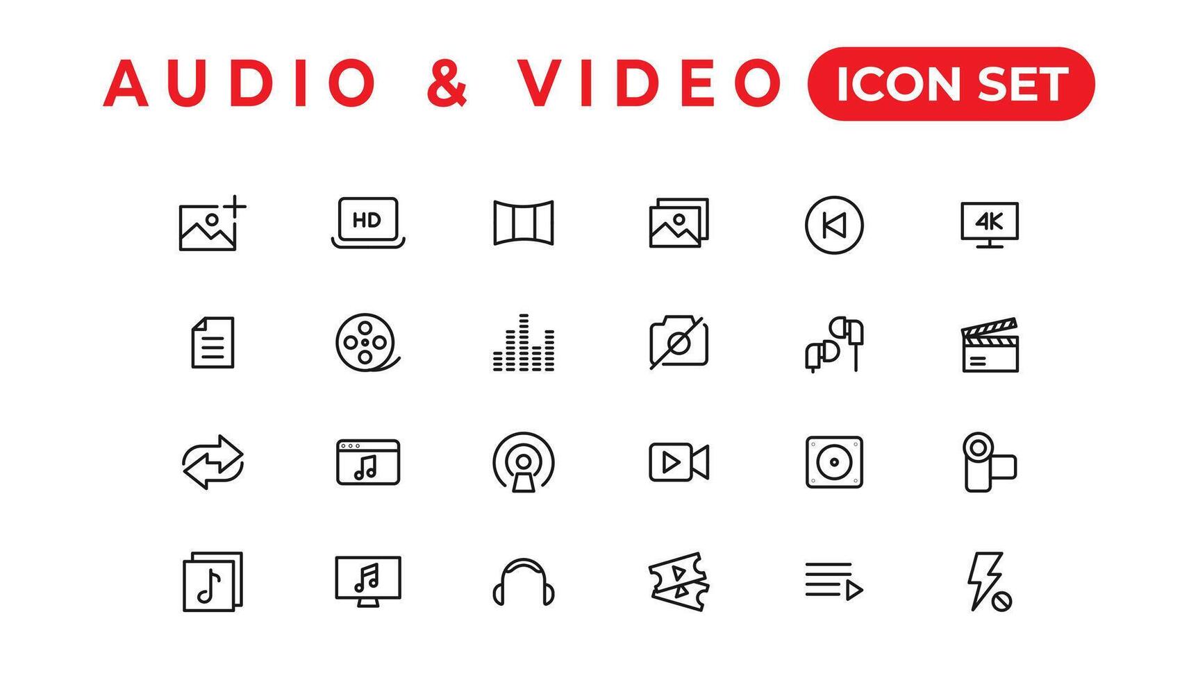 paquete de iconos de audio y video. conjunto de iconos de línea delgada. conjunto de colección de iconos planos. iconos vectoriales simples vector