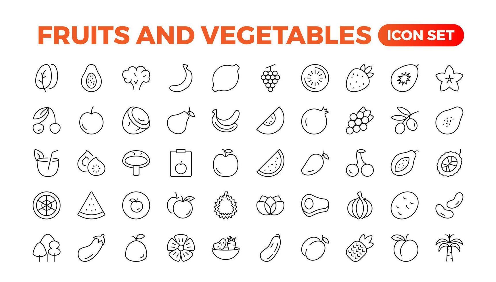 Fruits and vegetables line icons collection. Big UI icon set in a flat design. Thin outline icons pack. Vector illustration. Fruits and vegetables icons set. Food vector illustration.Outline icon set.