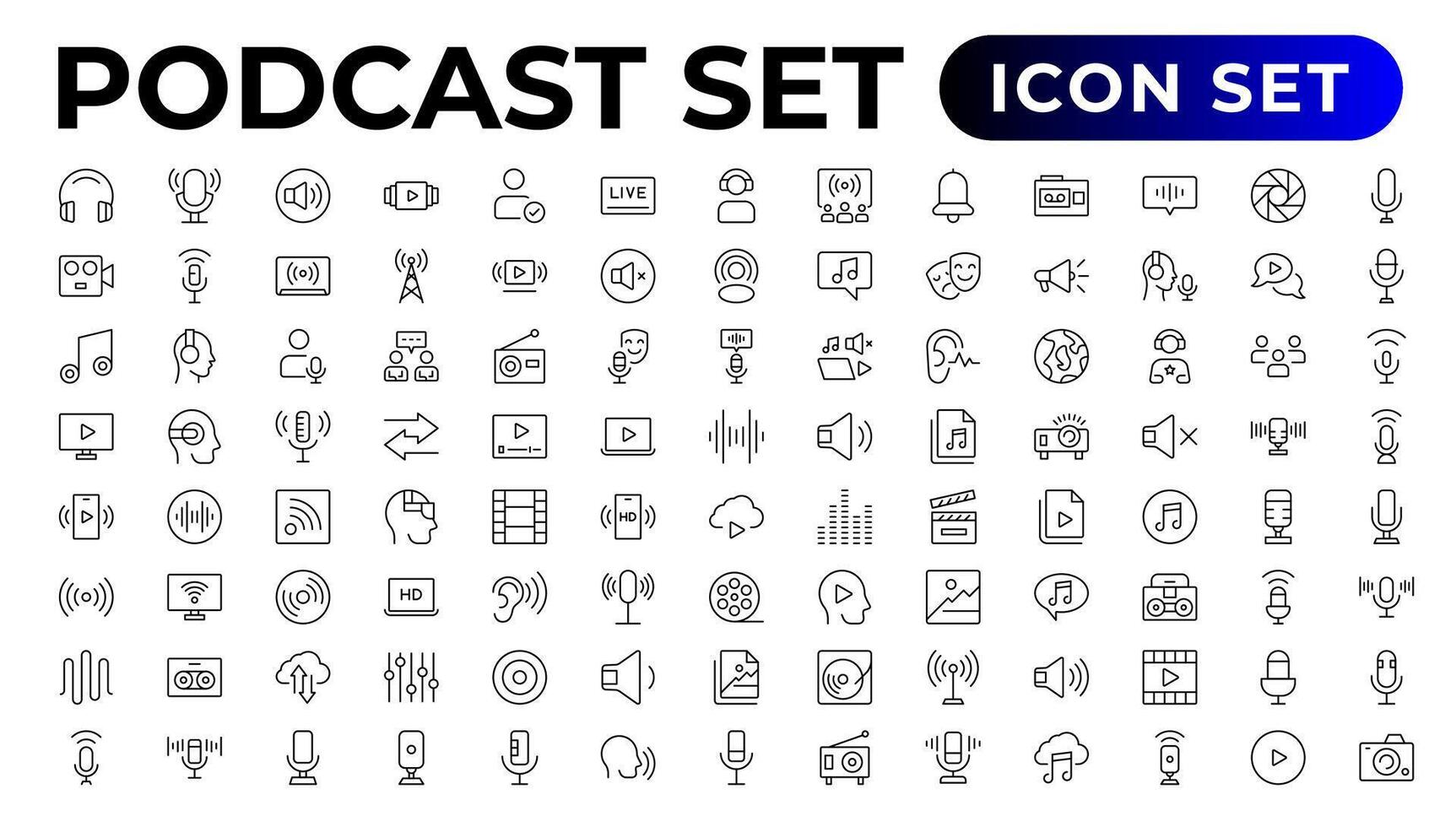 Podcast icon collection. Containing audio, microphone, record, podcasting, broadcasting.Outline icon collection. vector