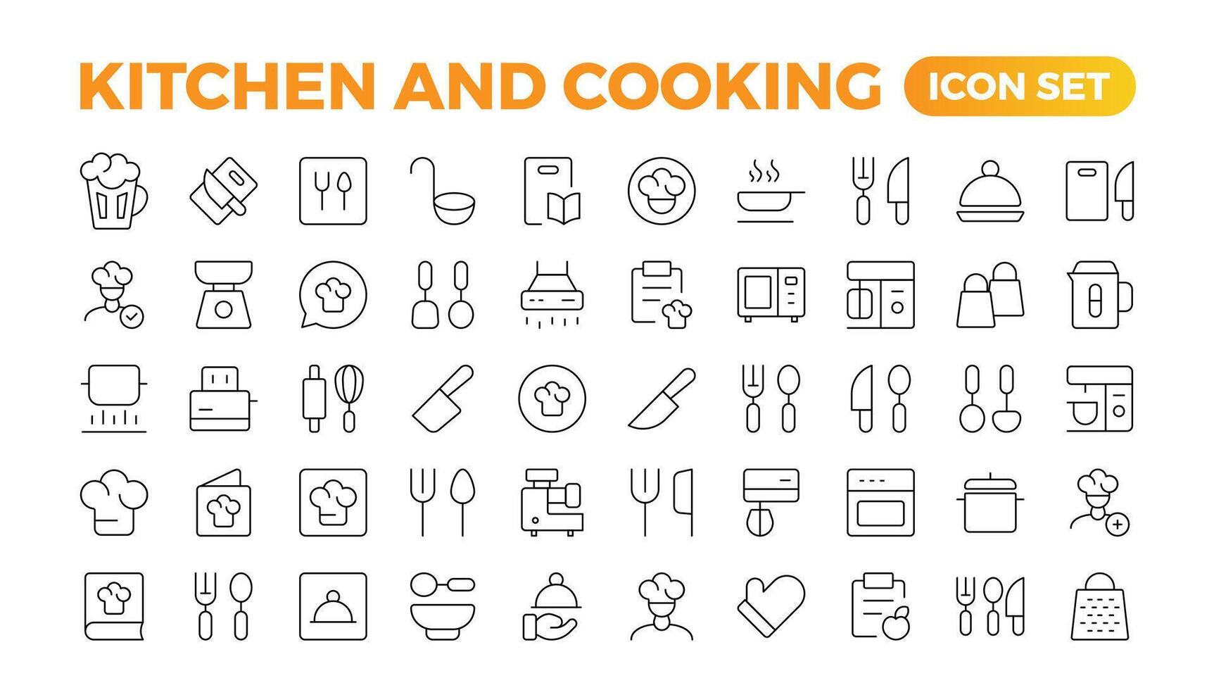 Set of outline icons related to cooking, and kitchen. Linear icon collection. Kitchen and Cooking thin line web icon set. Outline icons collection. Kitchen utensils - pan, oven, cookbook, saucepan. vector