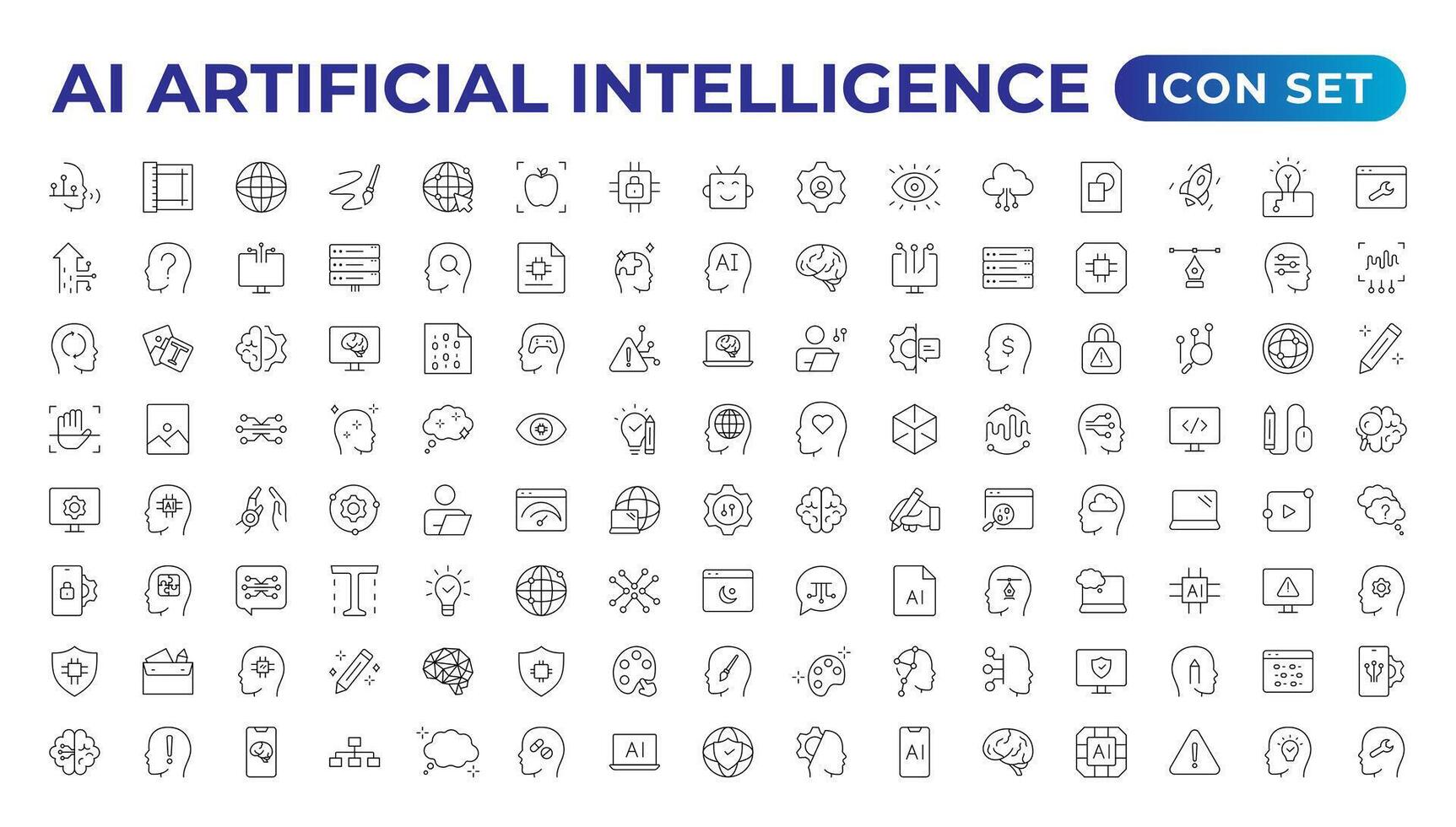 Set of Ai artificial intelligence icon set vector collection. AI Essentials line Icon collection, artificial intelligence icon set in line style, machine learning, smart robotic Free Vector