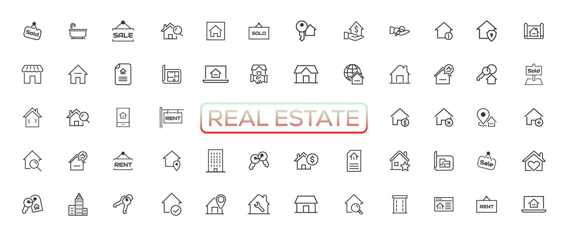 Real Estate minimal thin line web icon set. Included the icons as realty, property, mortgage, home loan and more. Outline icons collection. Simple vector illustration