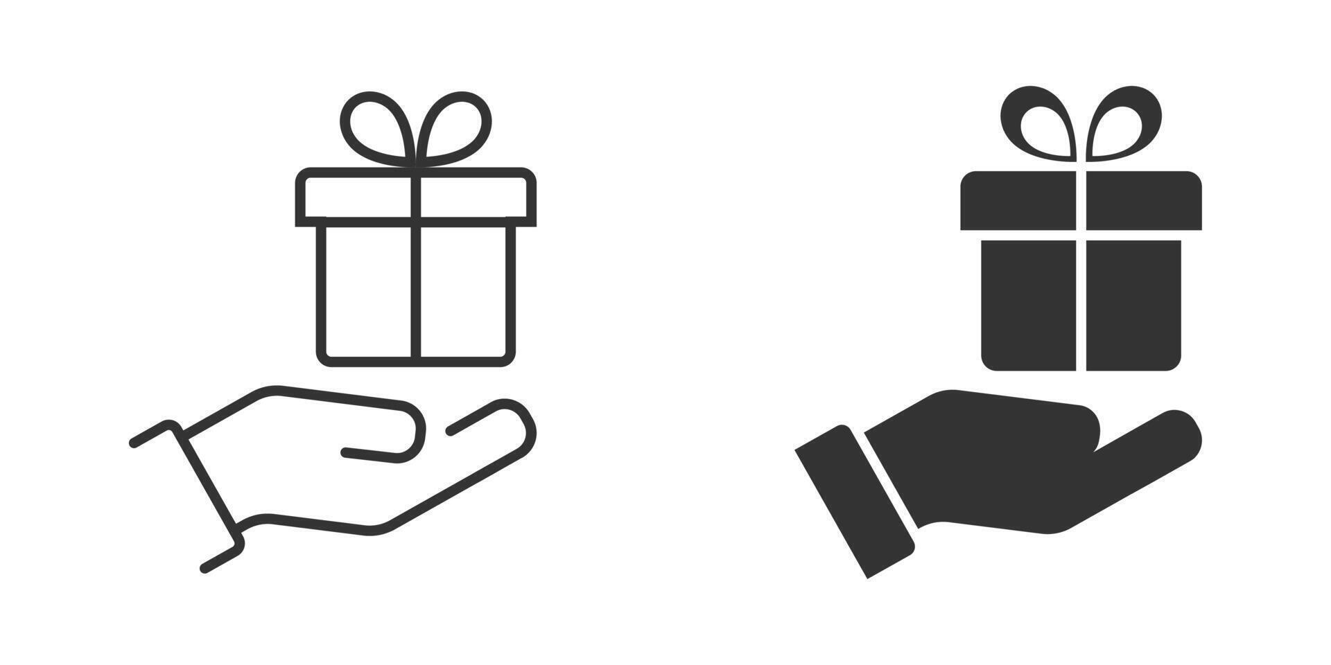 Hand and gift icon. Gift box on a palm. Vector illustration.