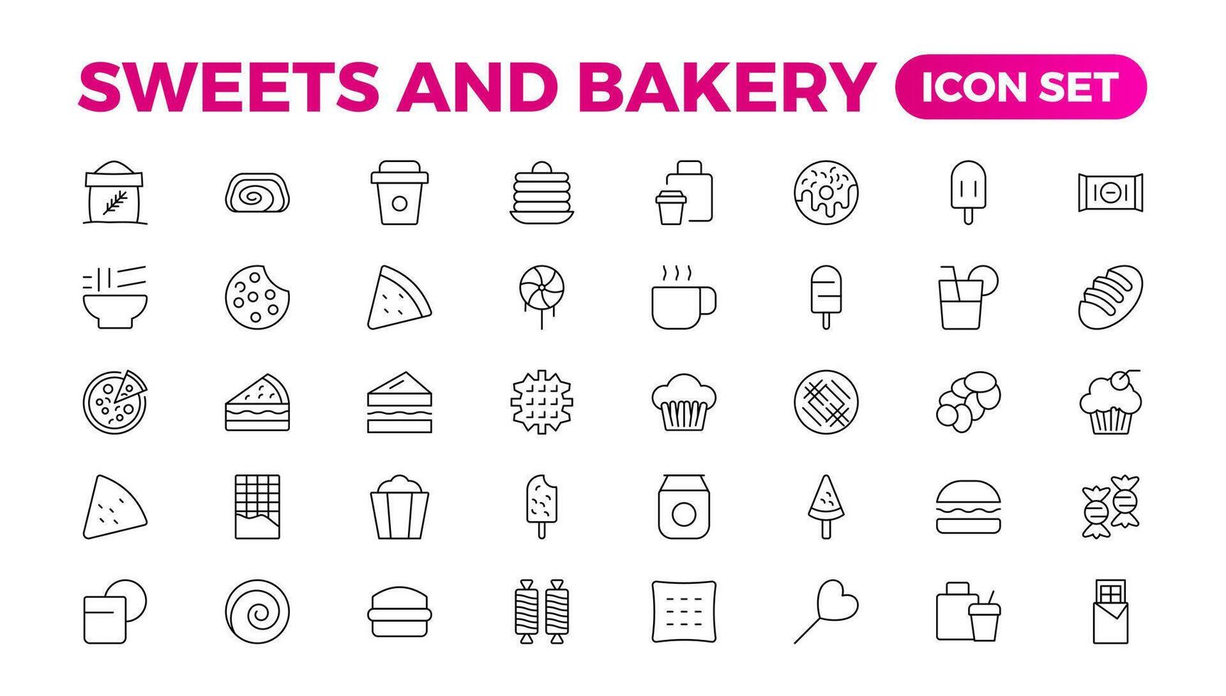 Sweets and Bakery icon set. Food icon collection. Containing meal, restaurant, dishes, and fruit icons. Set of outline icons related to food and drink. Linear icon collection. Outline icon collection. vector