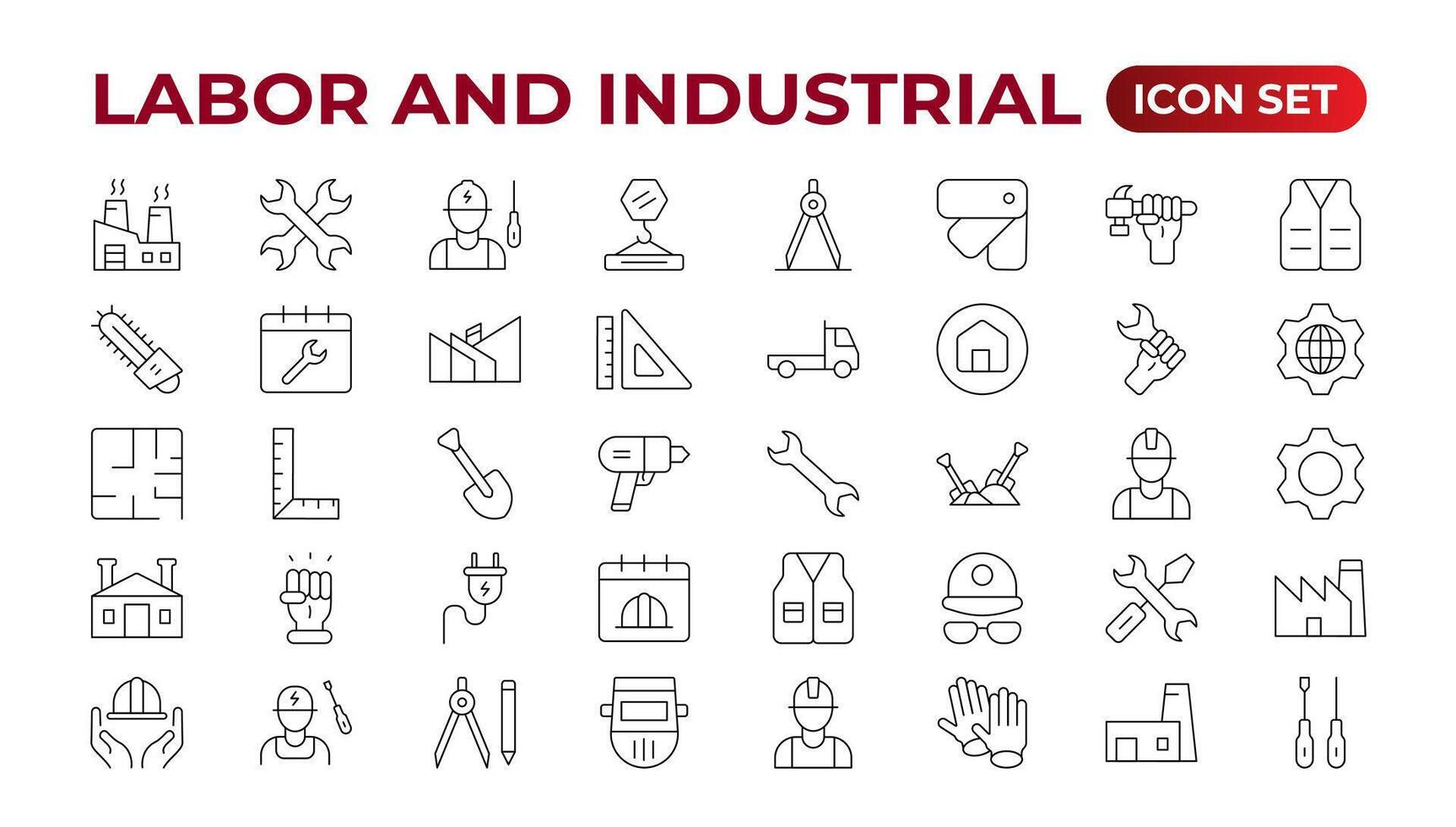 labor y industrial icono colocar. línea conjunto de ingeniero, engranaje, y engranajes mecánico máquina iconos fabricación y Ingenieria línea icono colocar. producción, configuración, industrial fábrica, mano de obra, vector