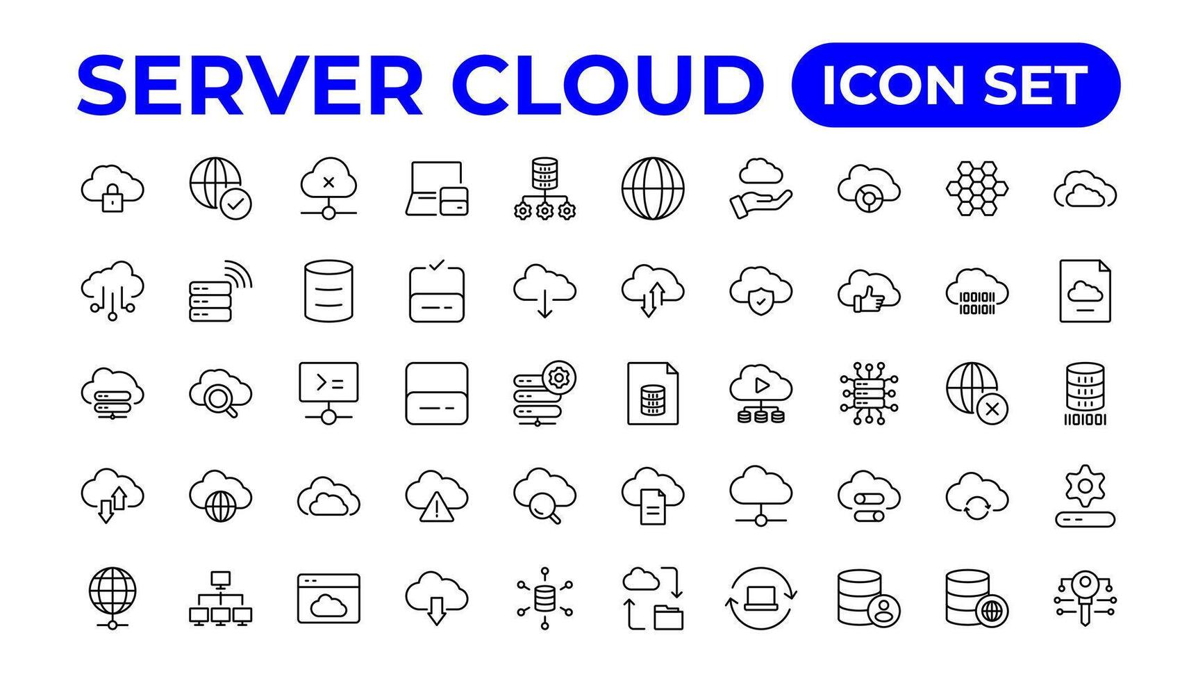 Set of line icons related to cloud computing, cloud services, server, cyber security, digital transformation. Outline icon collection. vector