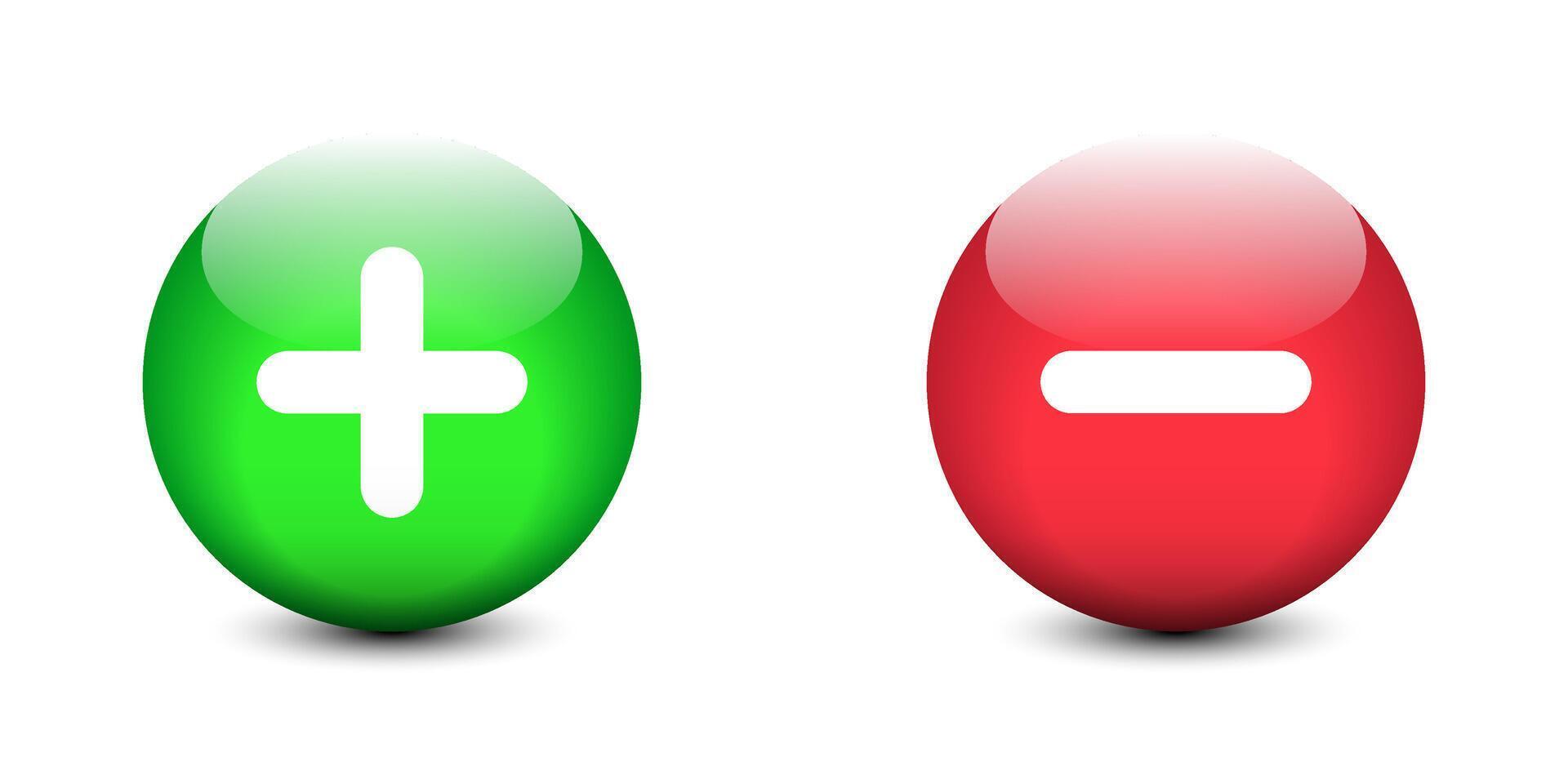 Plus minus in 3d style colorful buttons with shadows underneath. Positive and negative buttons. Vector illustration.