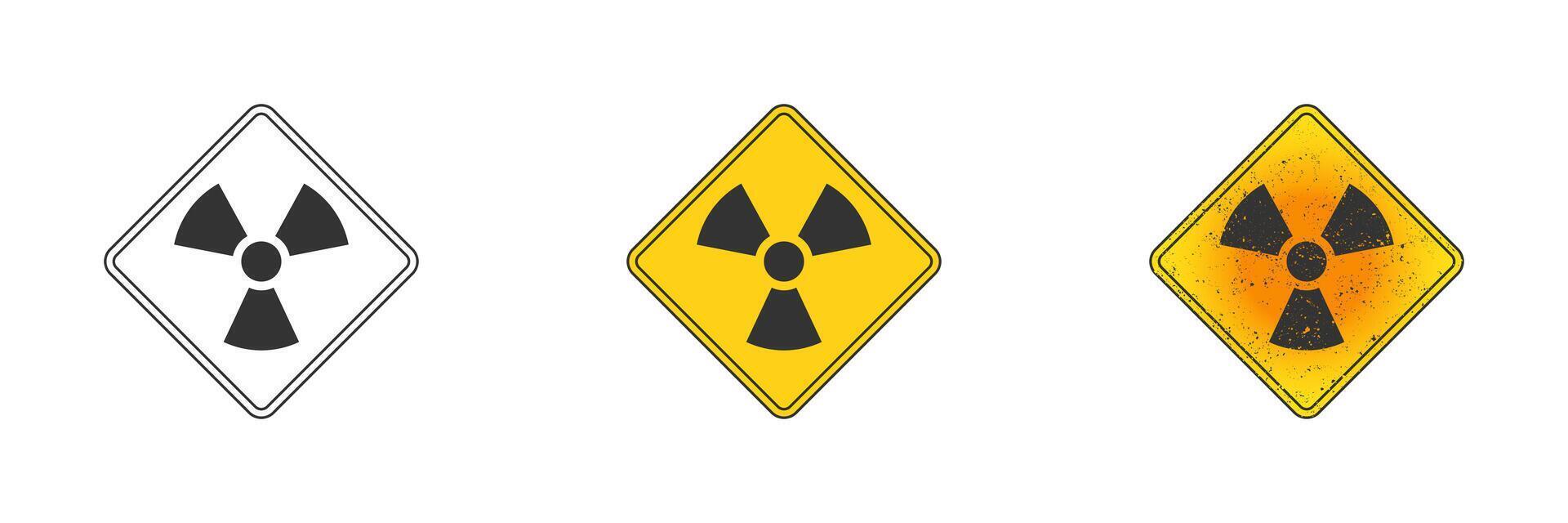 Radiation symbol. Outline, flat yellow, and yellow with grunge texture. Vector illustration.