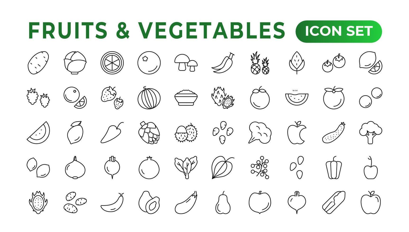 Fruits and vegetables line icons collection. Big UI icon set in a flat design. Thin outline icons pack. Vector illustration. Fruits and vegetables icons set. Food vector illustration.Outline icon set.