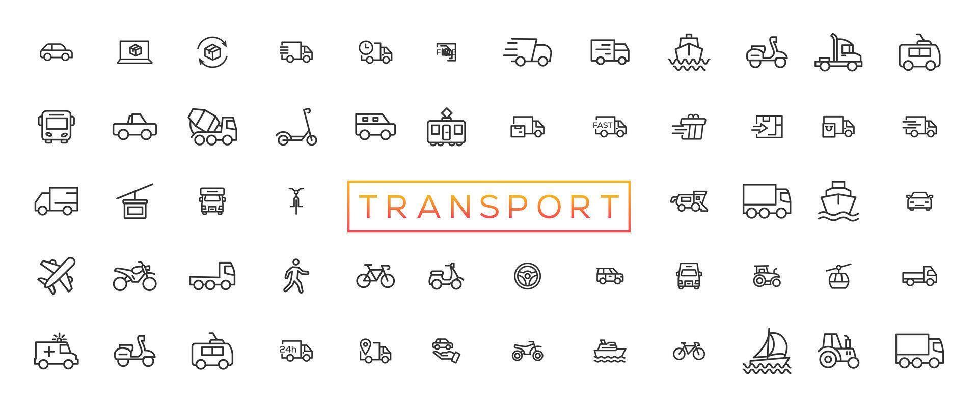 transporte, vehículo y entrega elementos - mínimo Delgado línea web icono colocar. contorno íconos colección vector