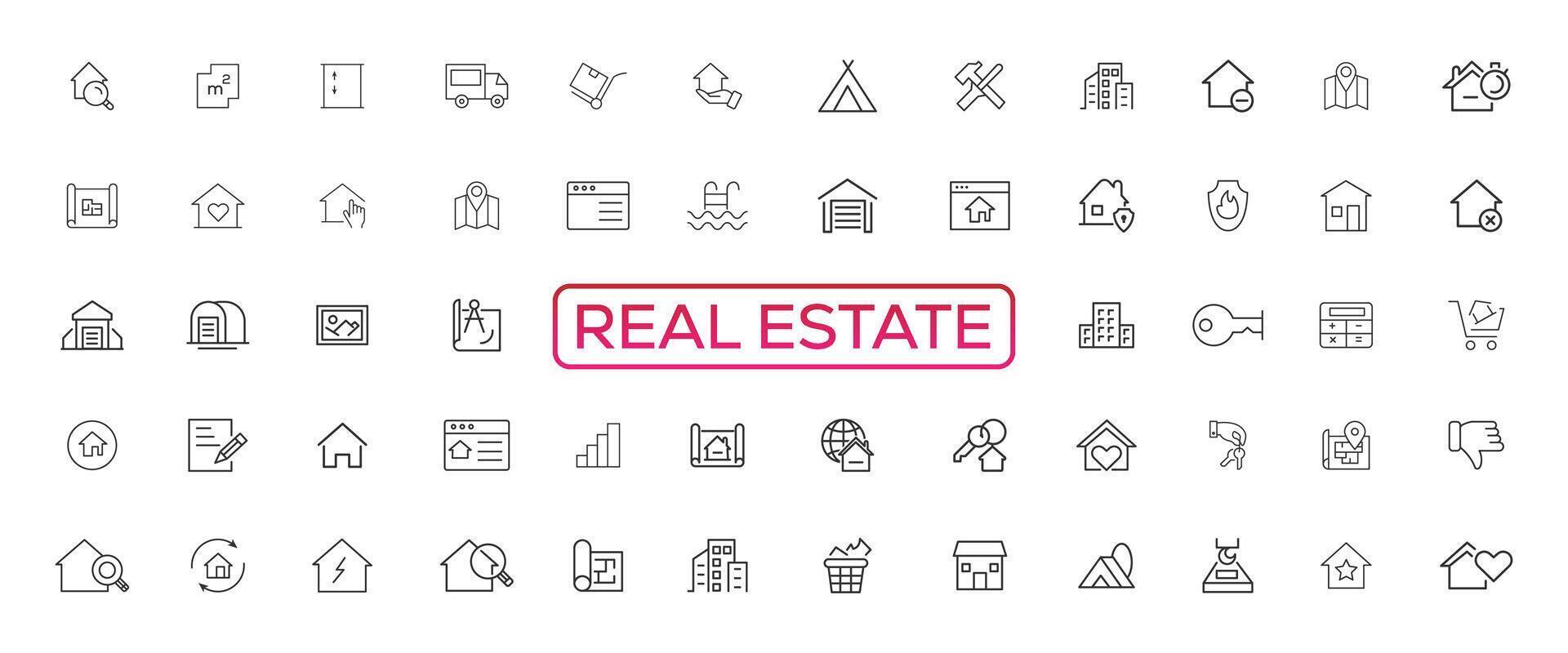 Real Estate minimal thin line web icon set. Included the icons as realty, property, mortgage, home loan and more. Outline icons collection. Simple vector illustration