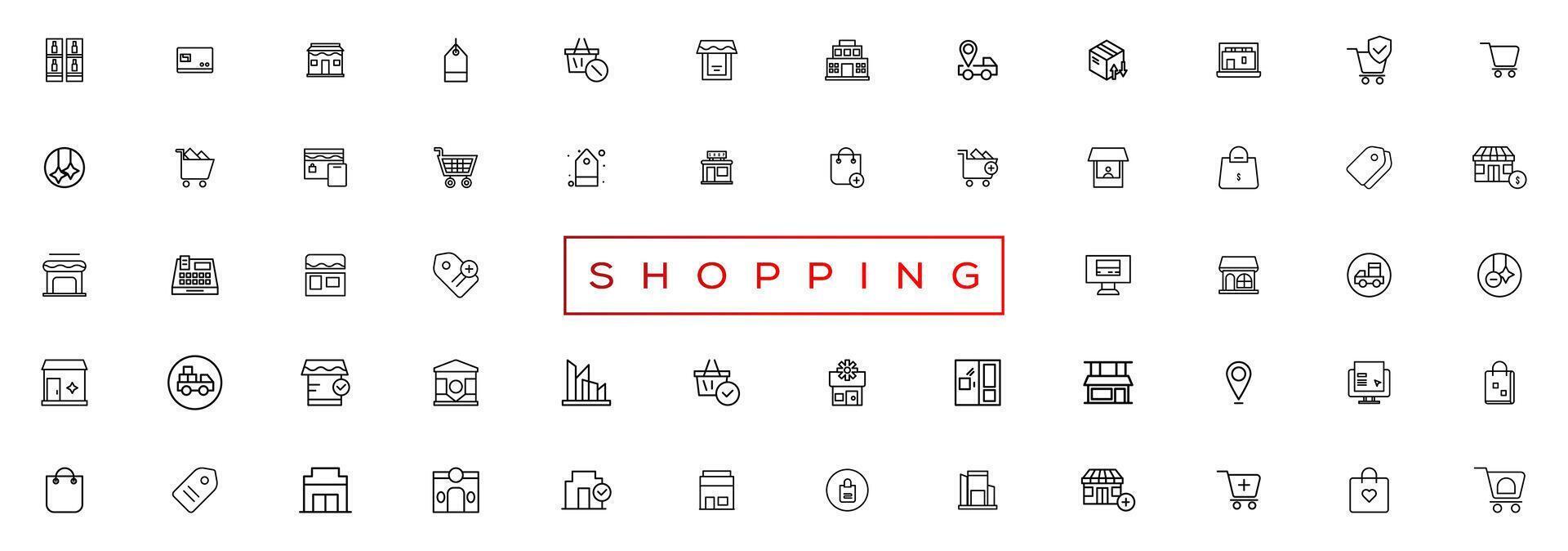 Shopping and retail line icons set. E-Commerce and retail outline icons collection. Shopping, gifts, store, shop, delivery, marketing, store, money, price vector