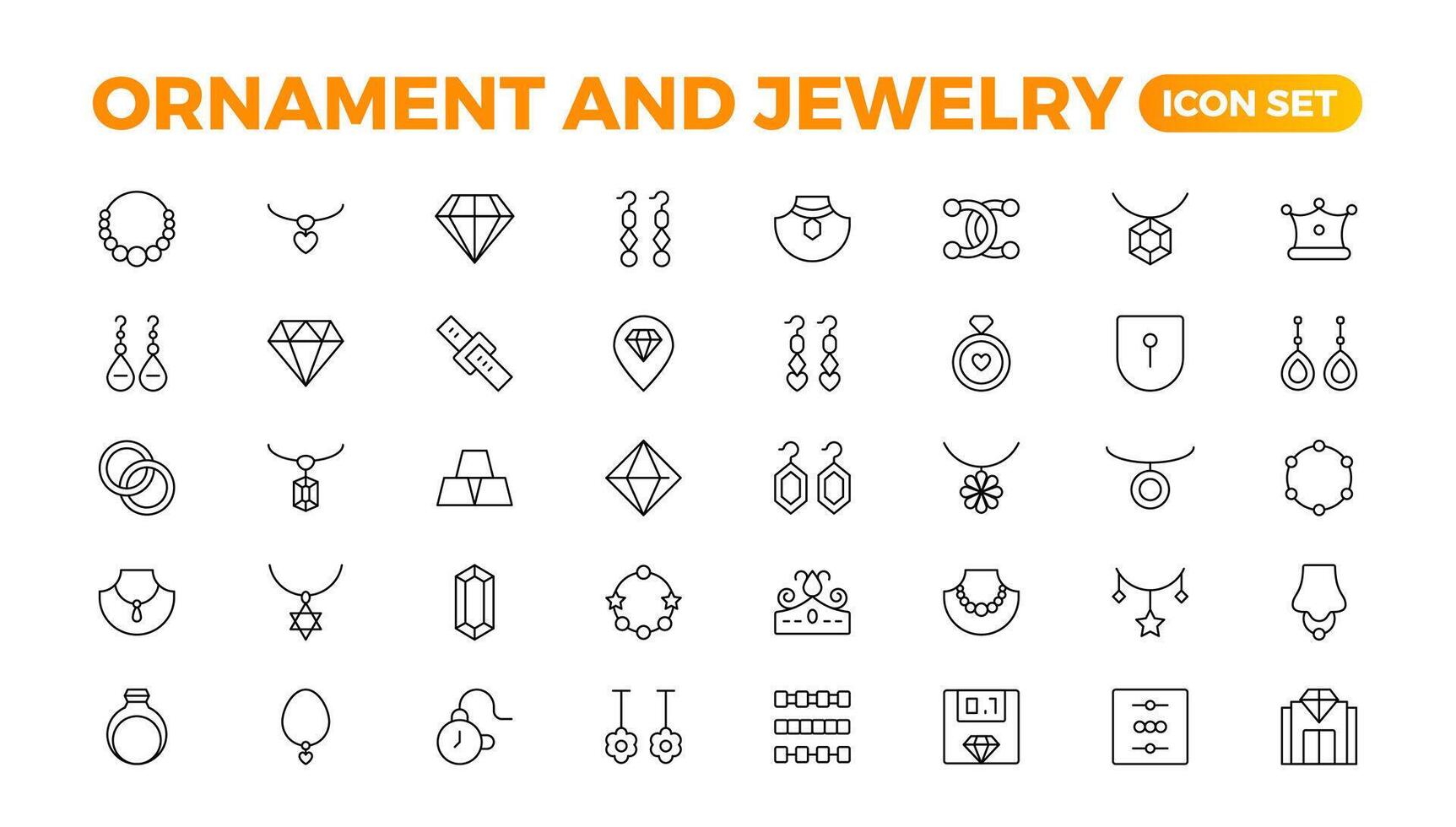 Ornament and Jewelry icon set . Simple Set of Jewelry Related Vector Line Icons. Contains such Icons as Earrings, Body Crosses, and Engagement rings. Outline icon collection.