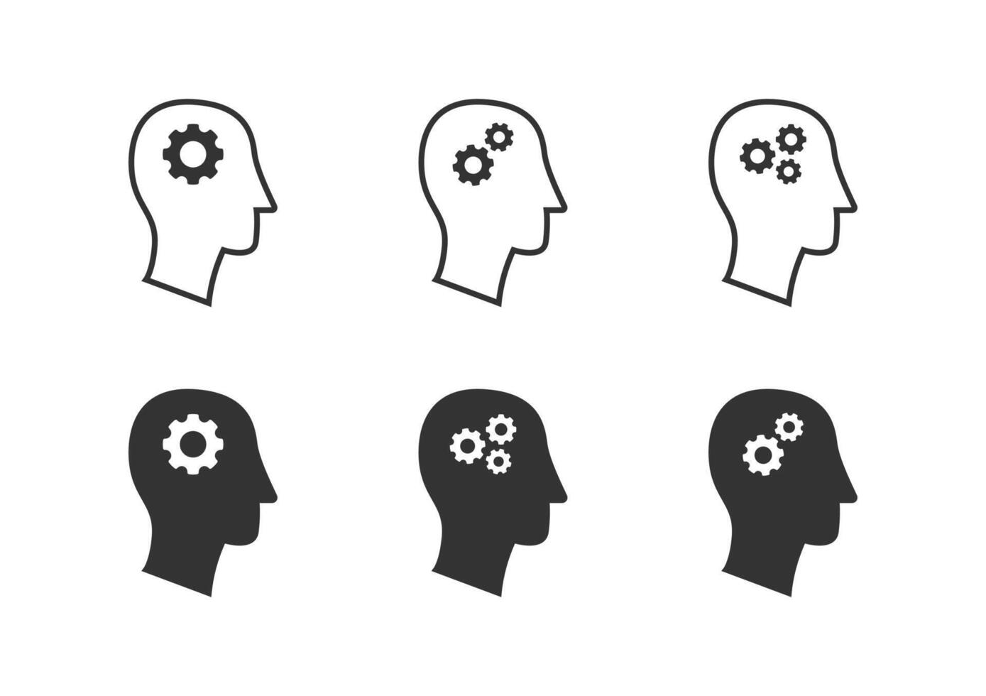 Gear in head icon set. Human head with cogwheels inside. Man head mind thinking. Vector illustration.