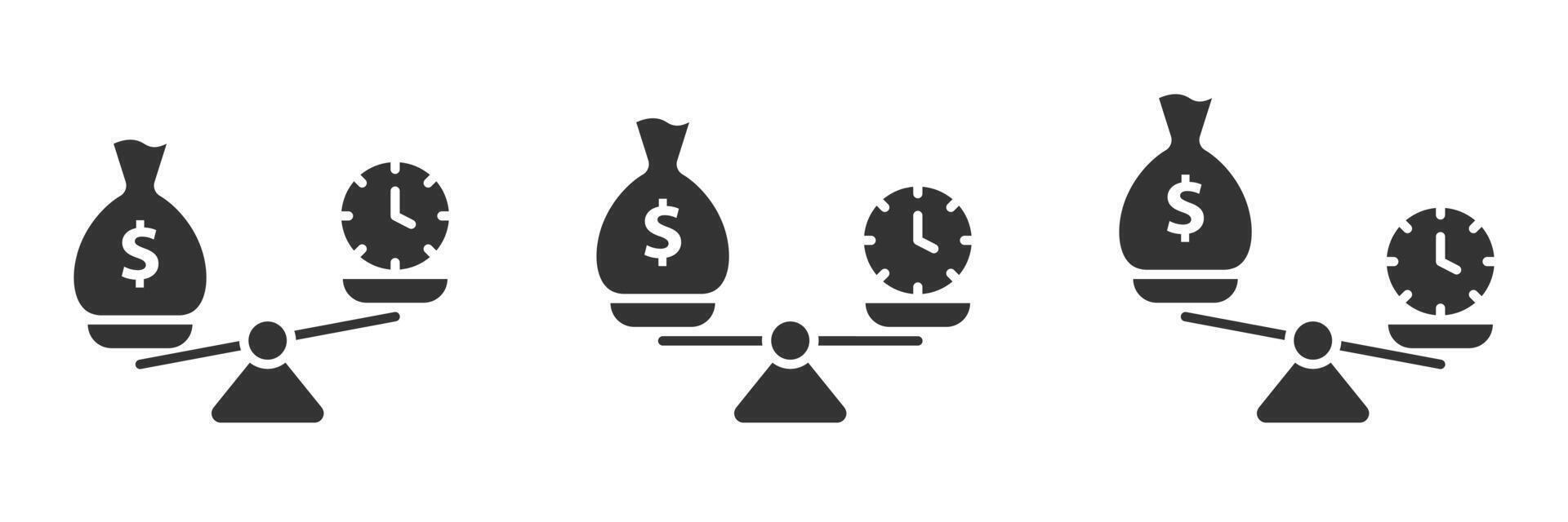 Time and money scales icon. Scales with a bag of money on one bowl and with a clock on another. Flat vector illustration.