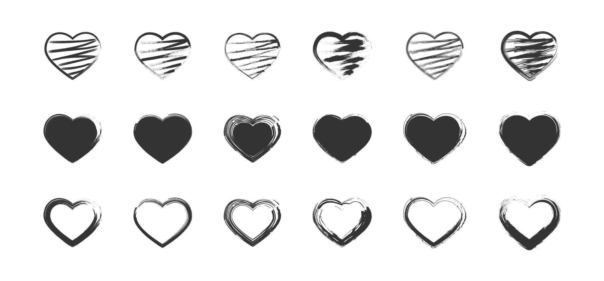 Hand drawn grunge hearts set. vector