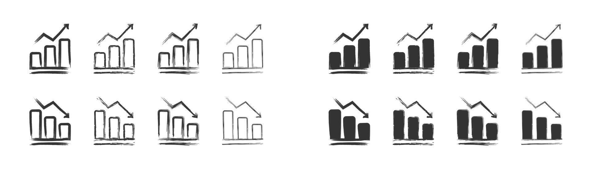 Hand drawn rise and fall chart icon set. Vector illustration.