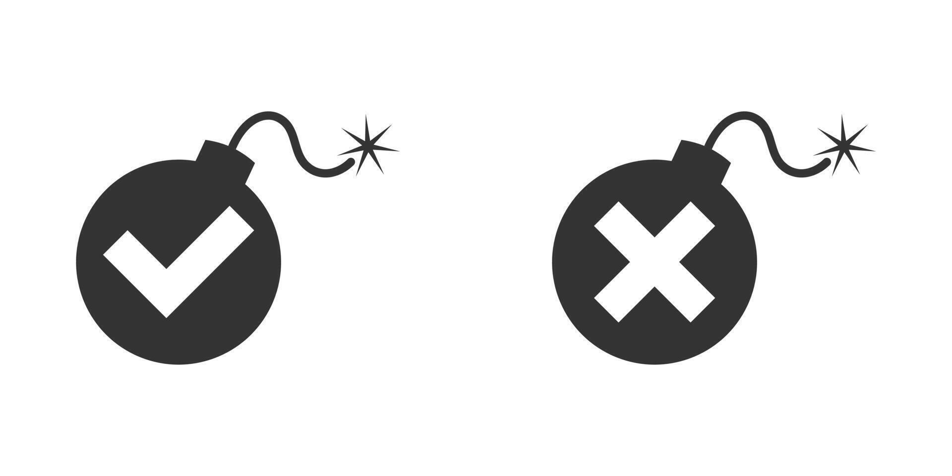 Bomb icon with check mark and cross signs. Vector illustration.