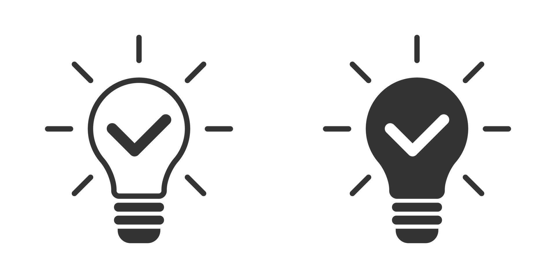Solution symbol. Lamp icon. Light bulb with check mark inside. Vector illustration.