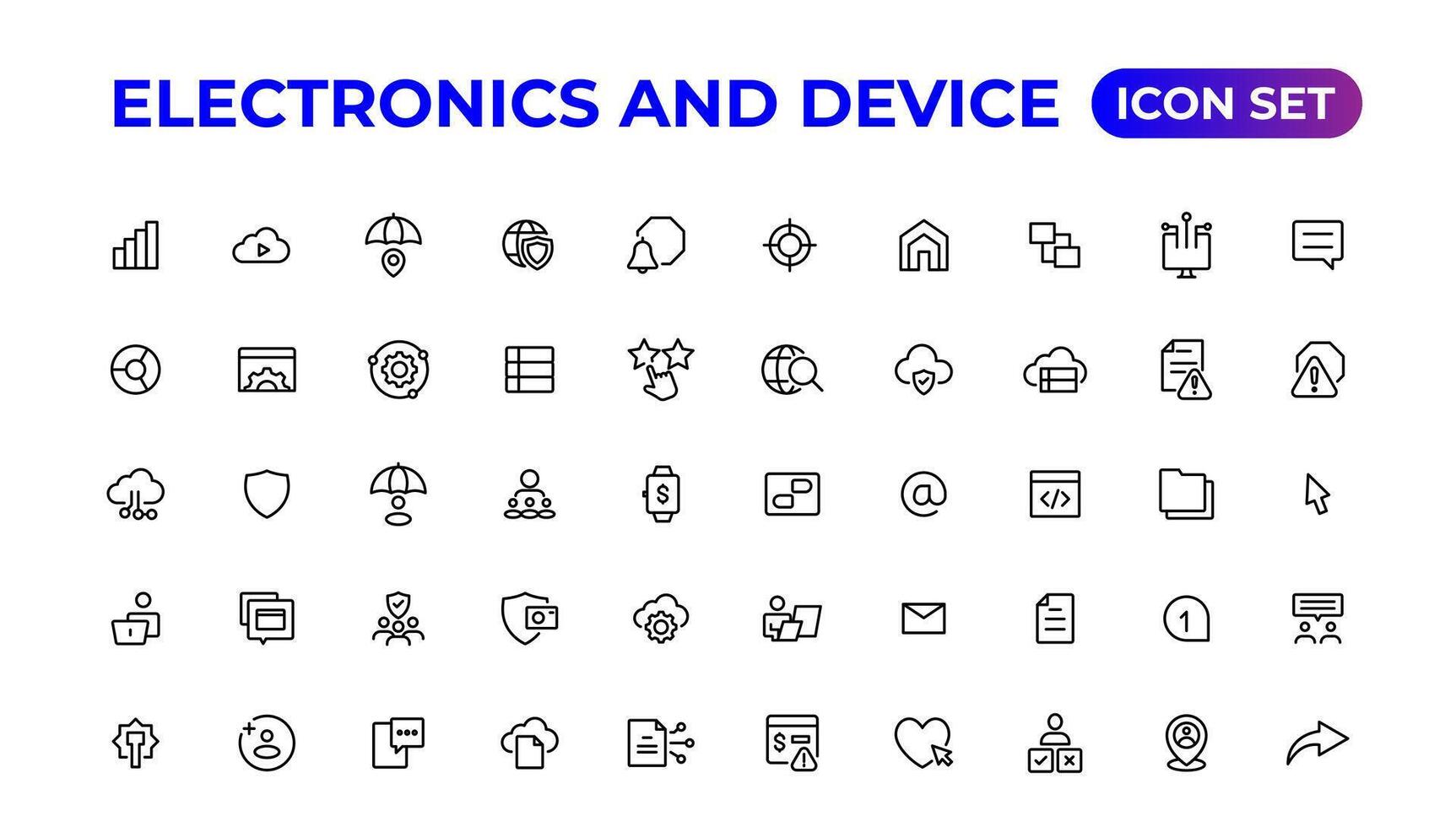 electrónica y dispositivo líneas icono colocar. electrónico dispositivos y artilugio, computadora, equipo y electrónica. computadora monitor, teléfono inteligente, tableta y ordenador portátil sumbol recopilación. vector