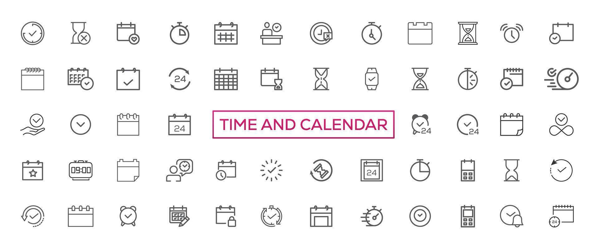 hora y reloj, calendario, Temporizador línea iconos vector lineal icono conjunto