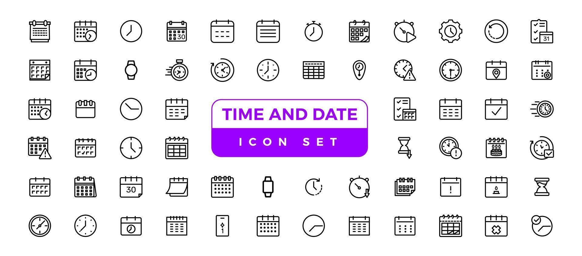 Time and clock, calendar, timer line icons. Vector linear icon set