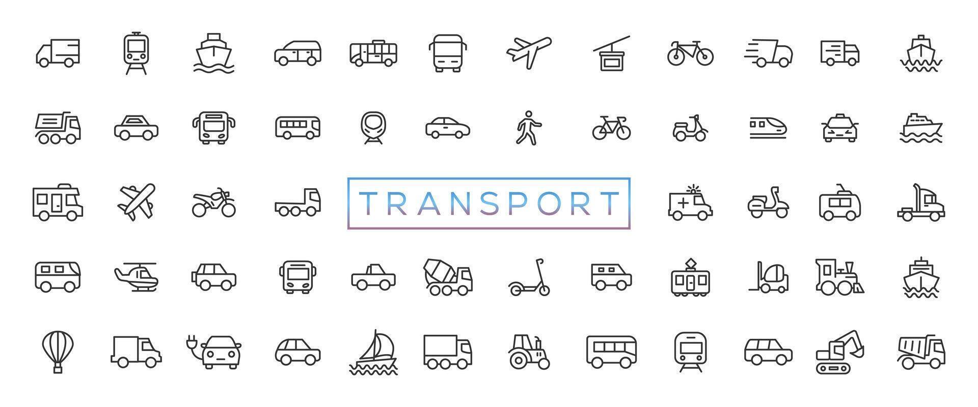 transporte, vehículo y entrega elementos - mínimo Delgado línea web icono colocar. contorno íconos colección vector