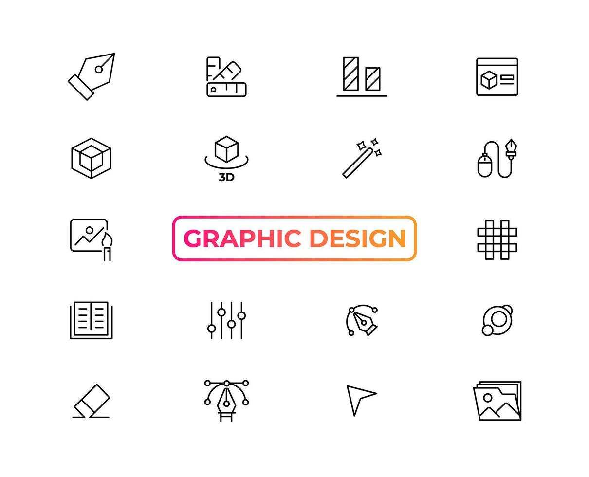 Set of thin line icons of graphic design. Simple linear icons in a modern style flat, Creative Process. Graphic design, creative package, stationary, software and more simple UI, UX vector icons
