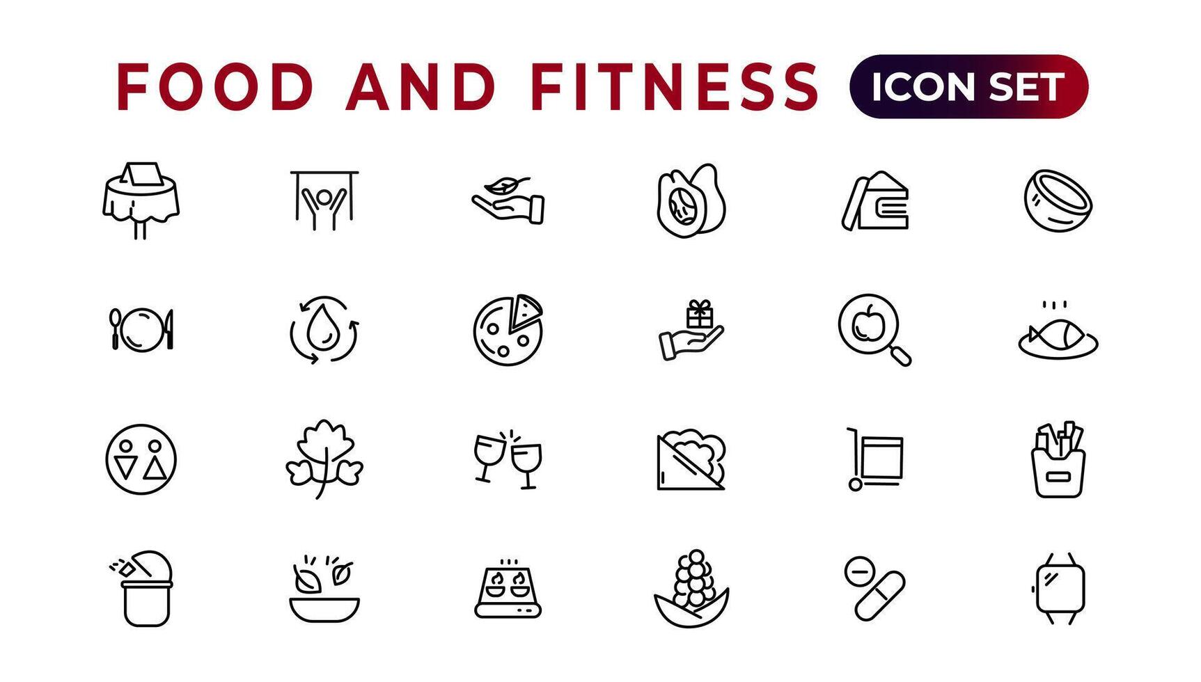 Food and fitness linear icons collection.Set of thin line web icon set, simple outline icons collection, Pixel Perfect icons, Simple vector illustration.