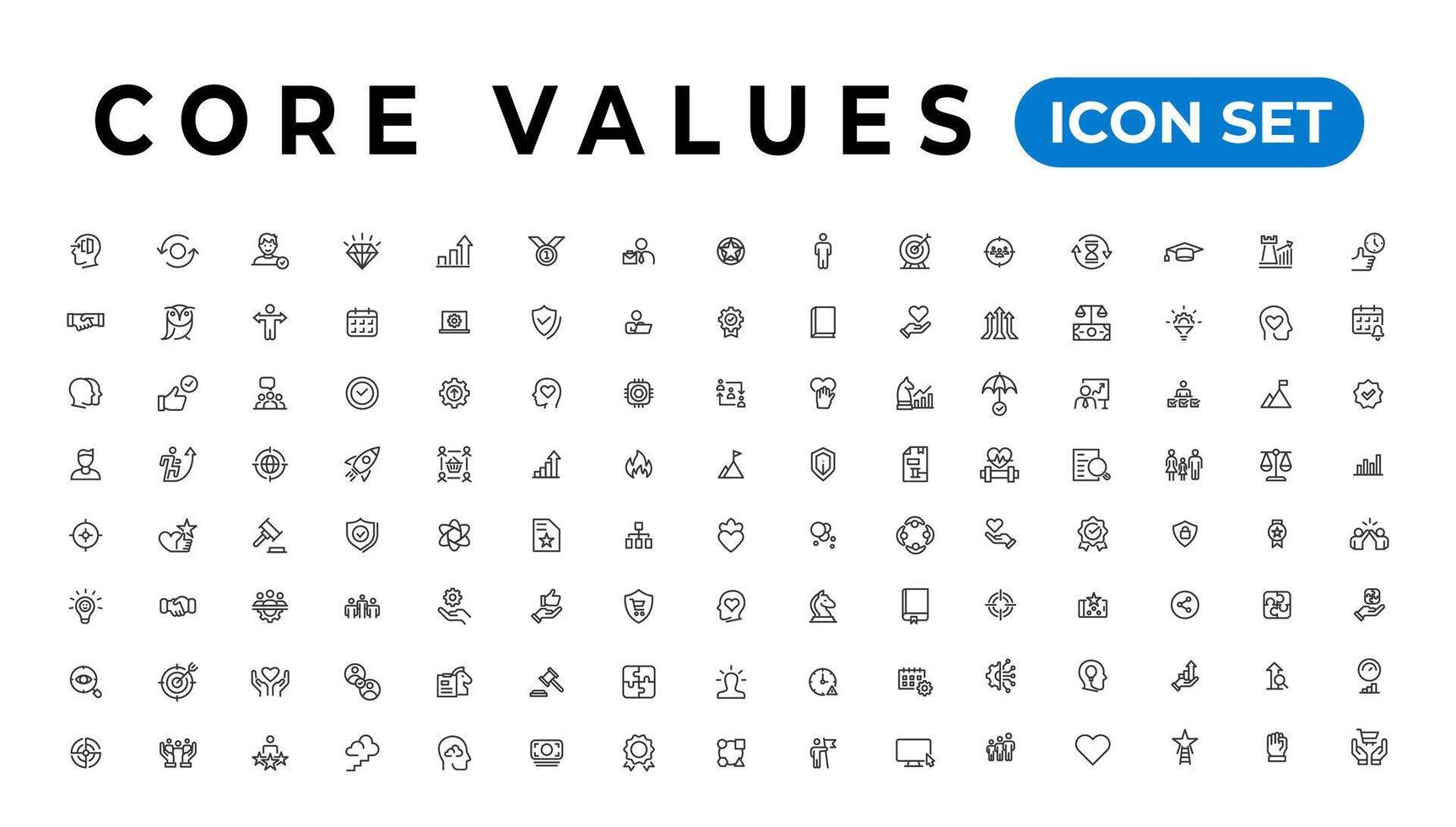 Core value icon banner collection. Containing innovation, goals, responsibility, integrity, customers, commitment, quality, teamwork, reliability and inclusion. Vector solid collection of icons