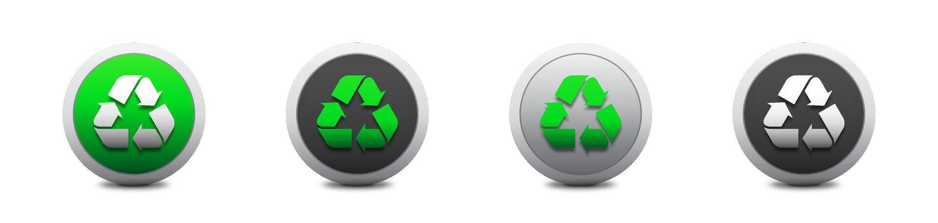 Recycle symbol on a round button with shadow. 3d recycling symbol set. Flat vector illustration.