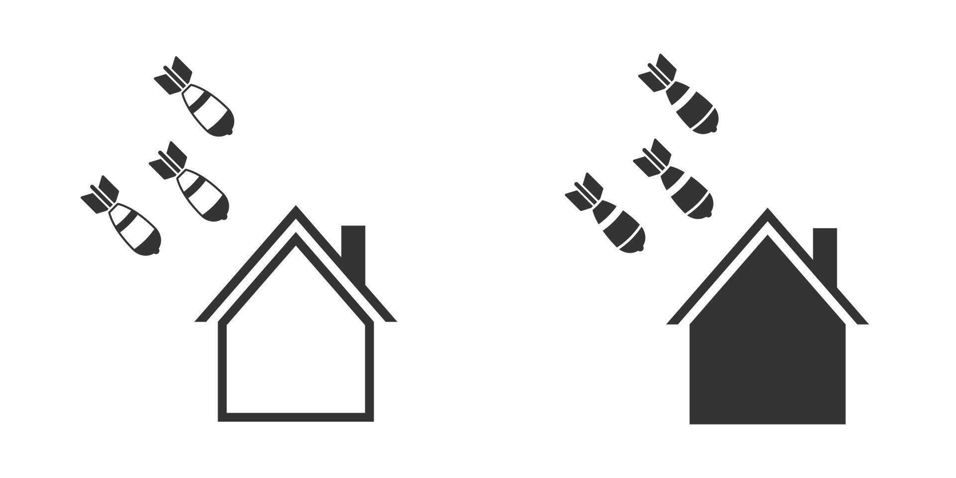 Bombs falling on a house icon. Vector illustration.