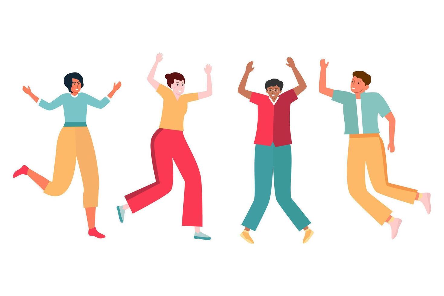 Happy modern employees jumping with their hands up. Vector illustration.