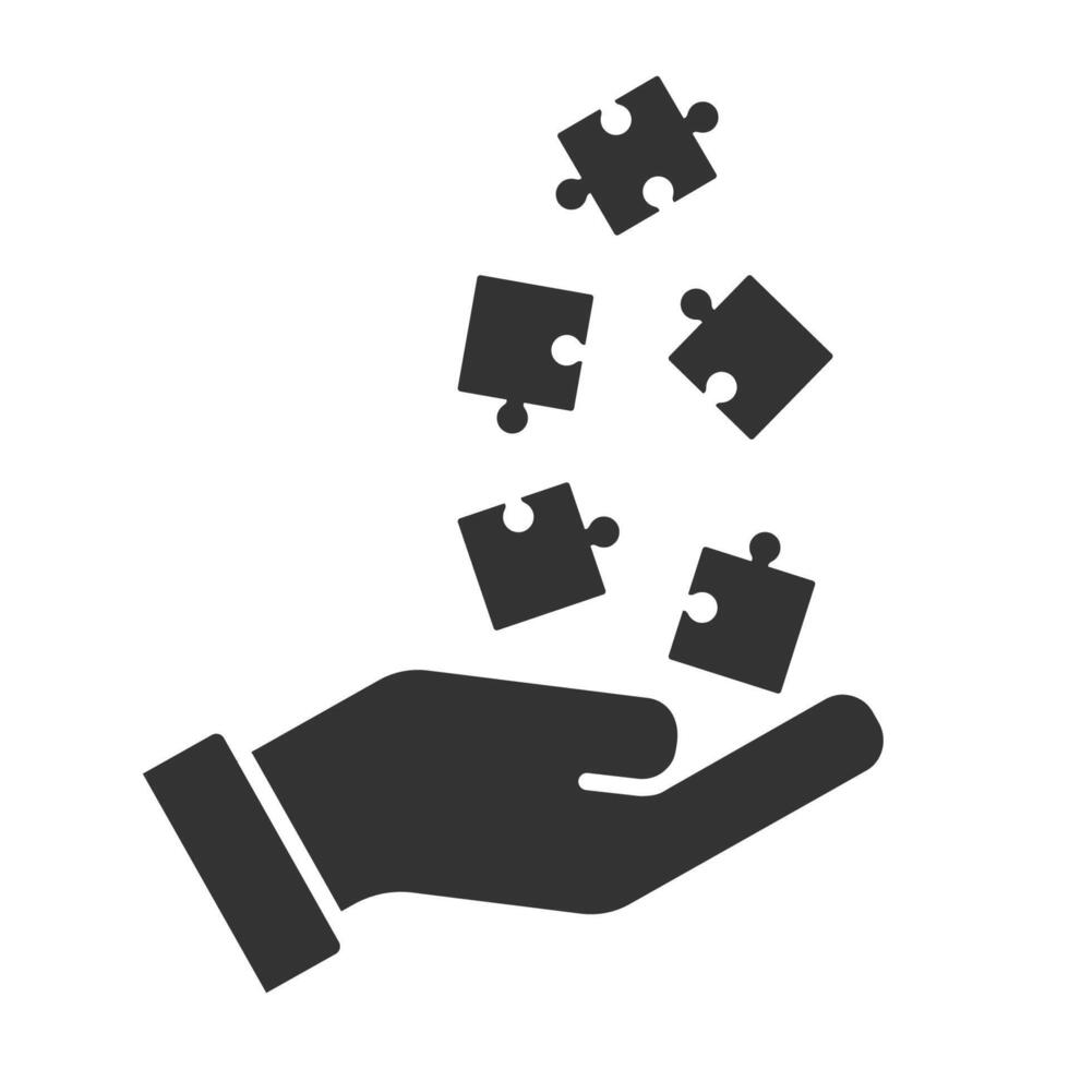 Puzzle pieces on a hand. Jigsaw on a palm. The hand throws a puzzle. Flat vector illustration.