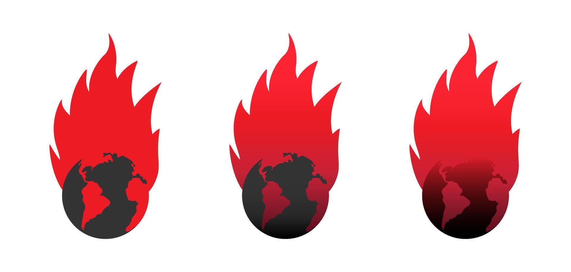 The world is on fire. Fire planet logo. Earth world burning icon. Armageddon concept. Vector illustration.