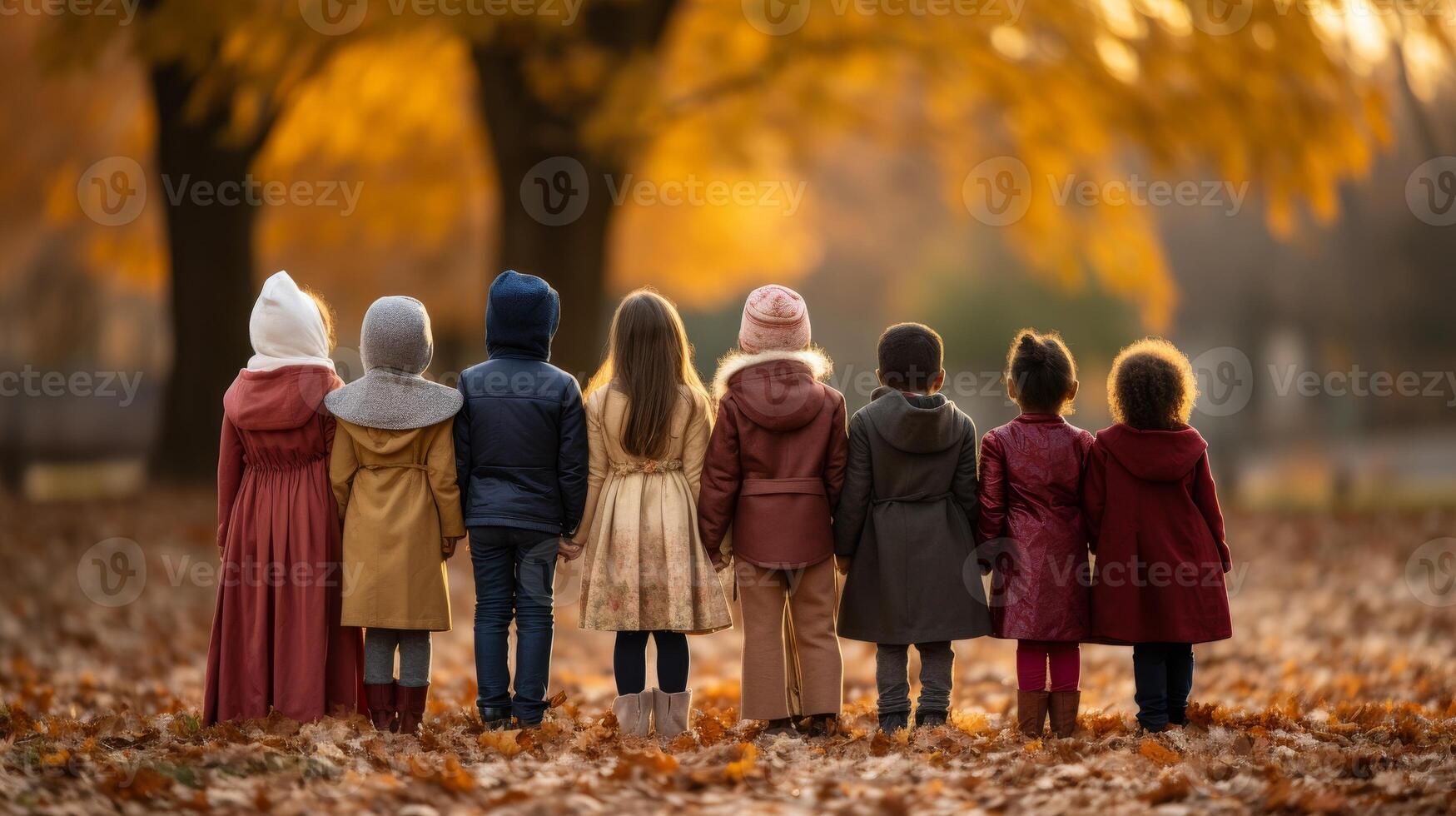 AI generated Diverse group of children embracing in park, blurred background with copy space for text photo