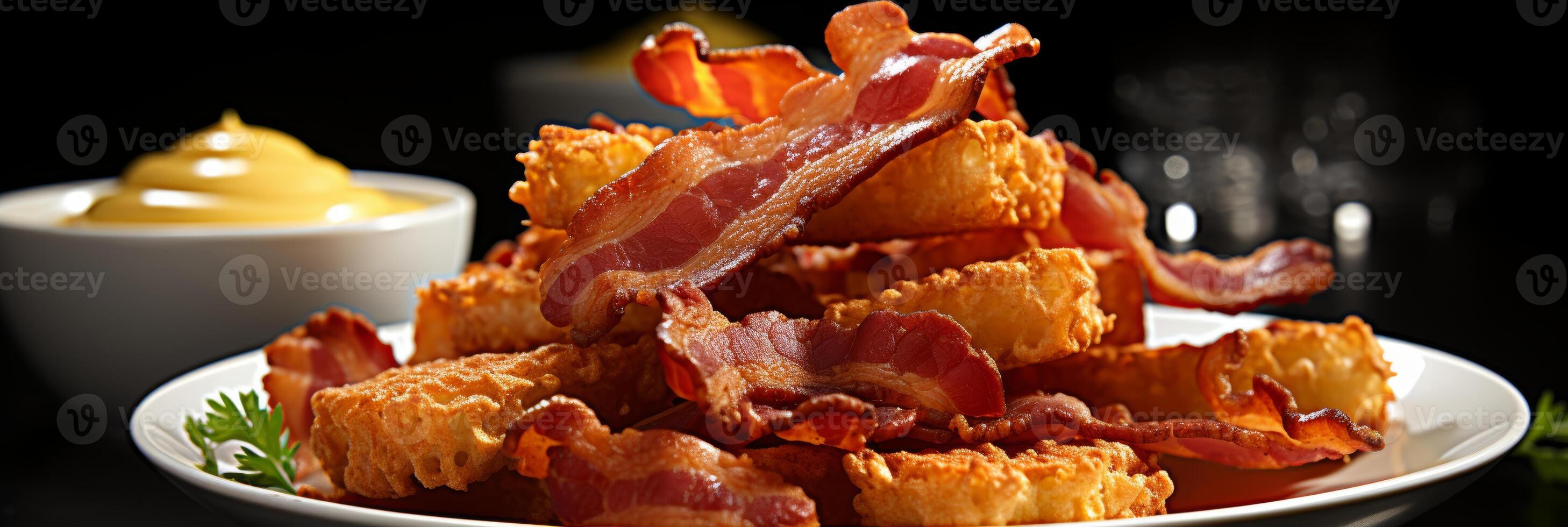 AI generated Delicious crispy fried bacon strips background for food concepts and banner design photo