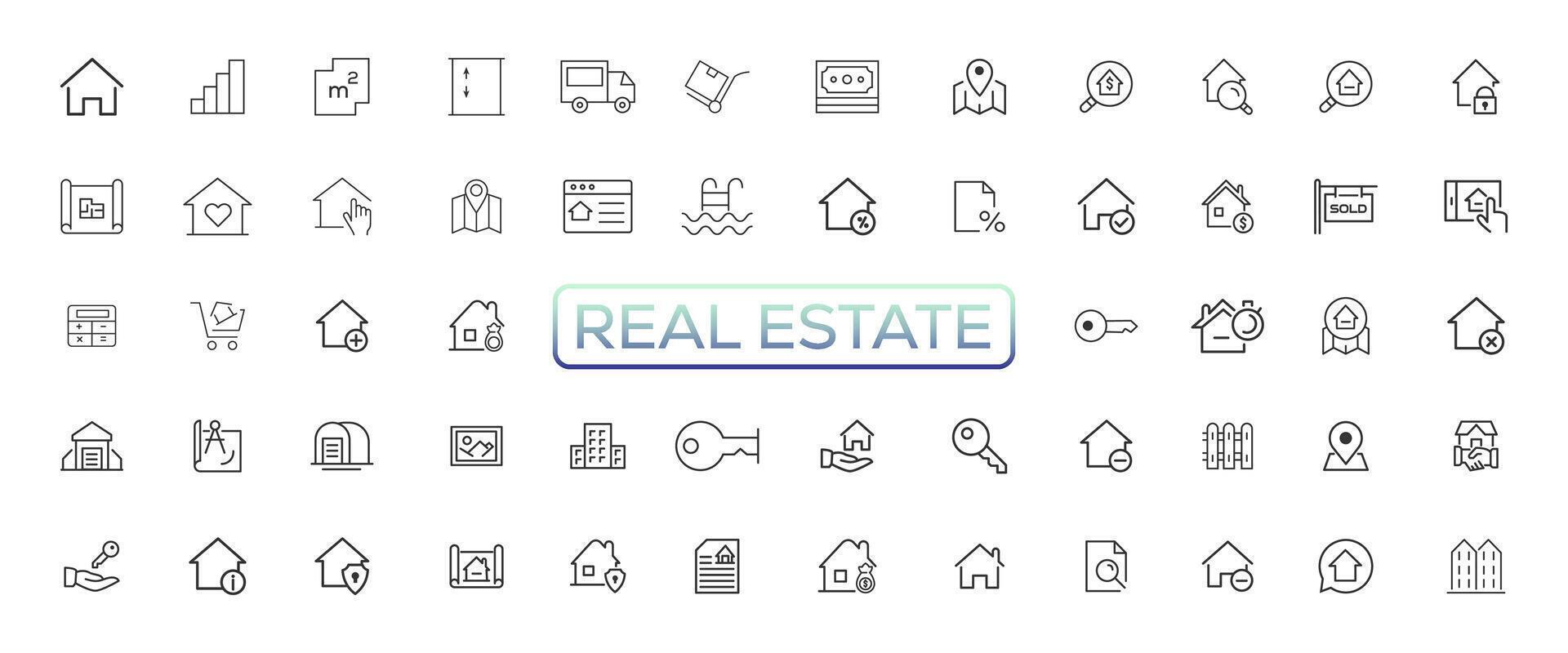 Real Estate minimal thin line web icon set. Included the icons as realty, property, mortgage, home loan and more. Outline icons collection. Simple vector illustration