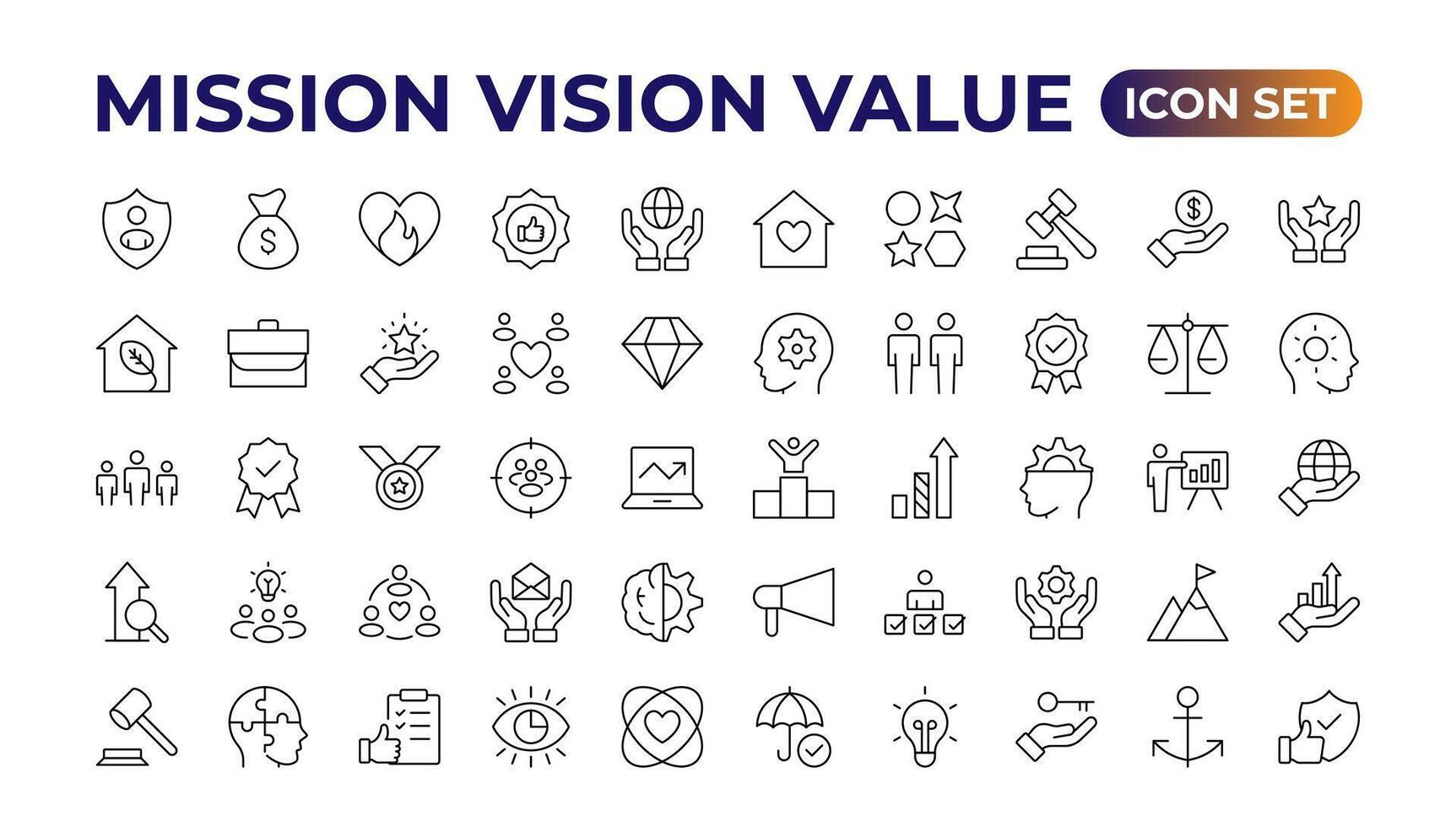 Mission, vision and value icon set. Outline illustration of icons. Core values line icons. Vision, Social Responsibility, and Problem-Solving. vector