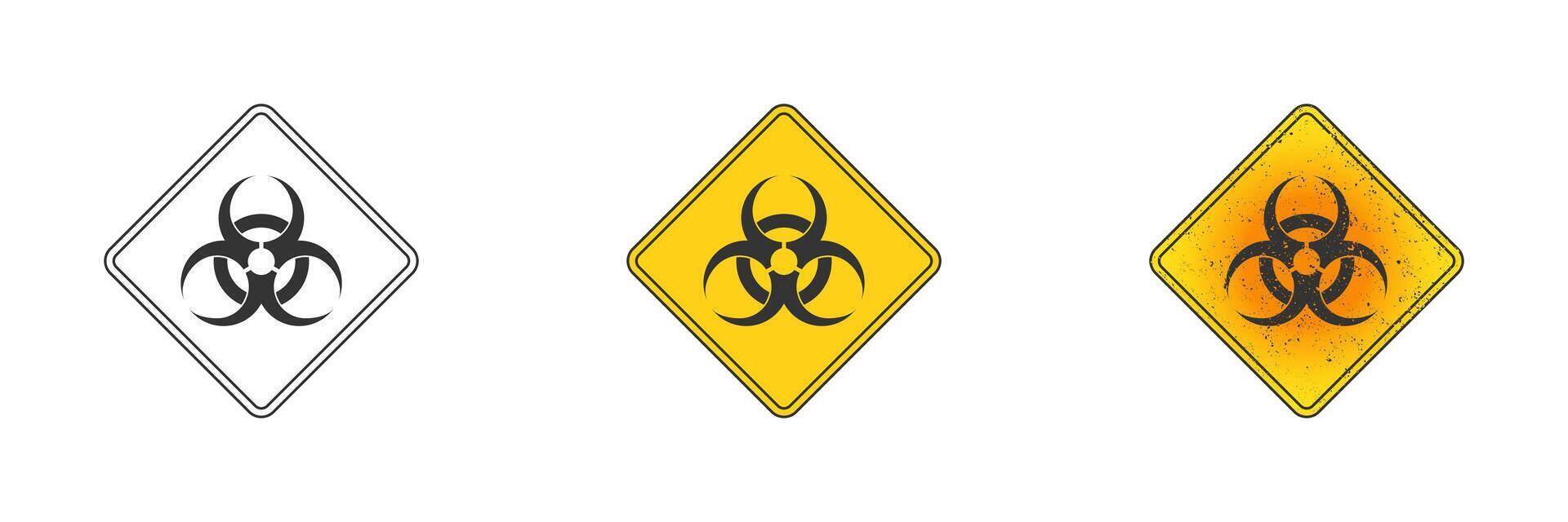 Biohazard symbol. Outline, flat yellow, and yellow with grunge texture. Vector illustration.